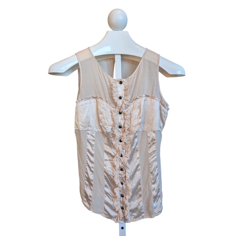 Vintage Y2K bebe Silk Chiffon Satin Ruffle Corset Blouse Top Pink Medium